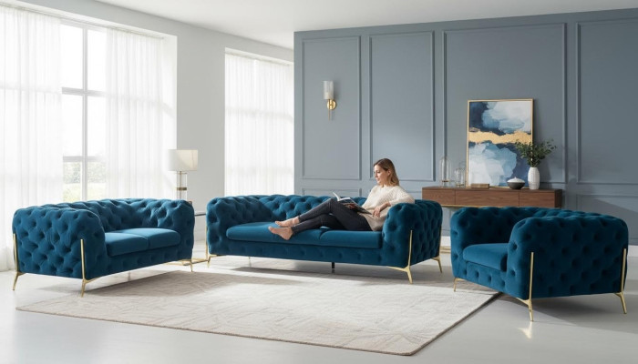 Luxury Chesterfield Upholstered Sofa Set in Velvet 3+2 Seater Couch Set