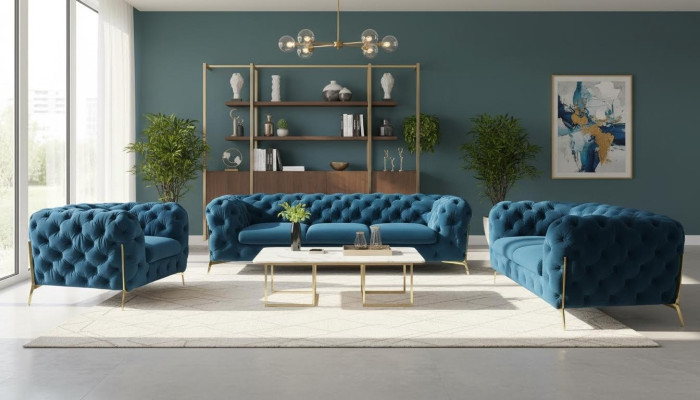 Luxury Chesterfield Upholstered Sofa Set in Velvet 3+2 Seater Couch Set