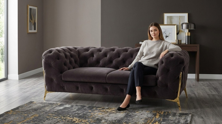 Chesterfield Velvet Designer Sofa 2-Seater Couch Textile Velvet Set Gold Legs