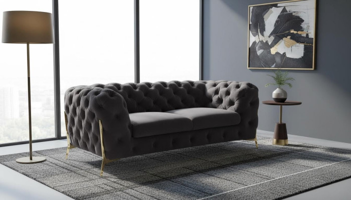 Chesterfield Velvet Designer Sofa 2-Seater Couch Textile Velvet Set Gold Legs