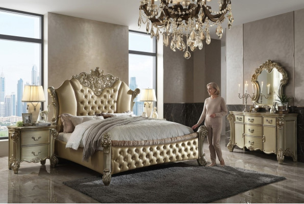 Bedroom set: nightstands, bed, 5 pieces, baroque rococo antique style, wood