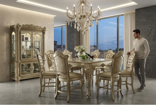Golden dining room set, designer dining table with 8 chairs, 9-piece dining room furniture.