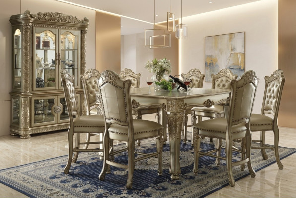 Golden dining room set, designer dining table with 8 chairs, 9-piece dining room furniture.