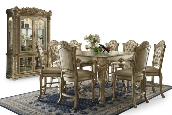 Golden dining room set, designer dining table with 8 chairs, 9-piece dining room furniture.