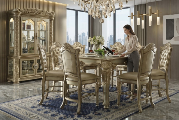 Classic Golden Dining Room Set Rectangular Dining Table 8x Chesterfield Chairs Display Cabinet 10-piece Set