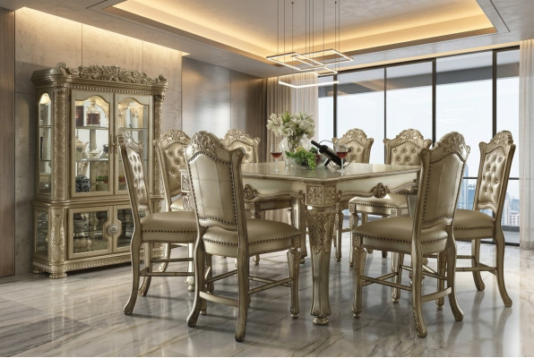 Classic Golden Dining Room Set Rectangular Dining Table 8x Chesterfield Chairs Display Cabinet 10-piece Set