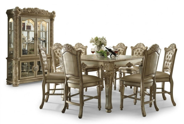 Classic Golden Dining Room Set Rectangular Dining Table 8x Chesterfield Chairs Display Cabinet 10-piece Set