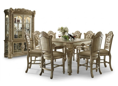Classic Golden Dining Room Set Rectangular Dining Table 8x Chesterfield Chairs Display Cabinet 10-piece Set