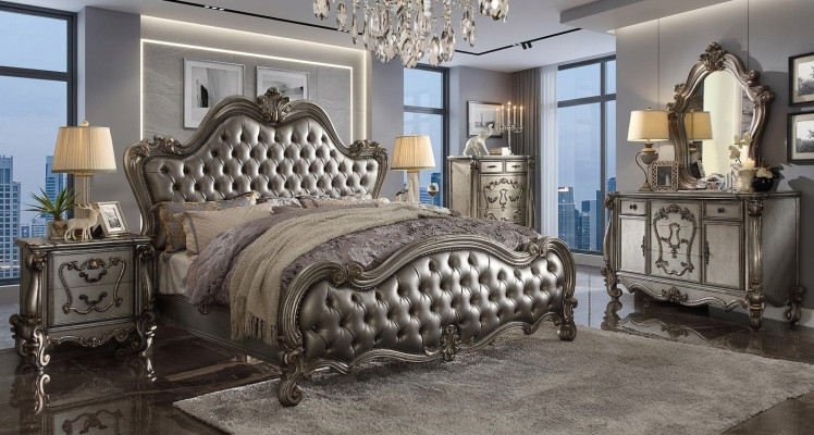 Classic furniture bedroom set bed nightstand dresser mirror 5-piece set.