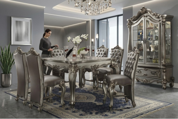 Dining room furniture in gray Baroque style: Dining table, display cabinet with 6 chairs.