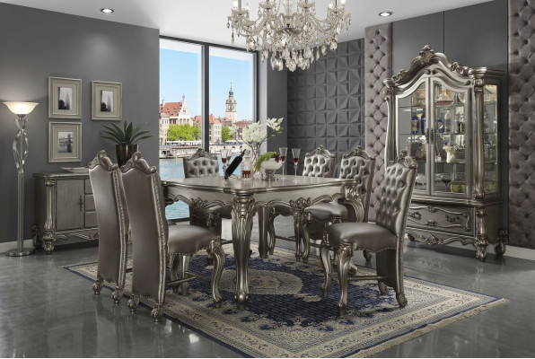 Dining room furniture in gray Baroque style: Dining table, display cabinet with 6 chairs.
