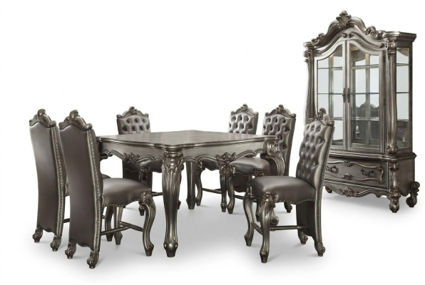 Dining room furniture in gray Baroque style: Dining table, display cabinet with 6 chairs.