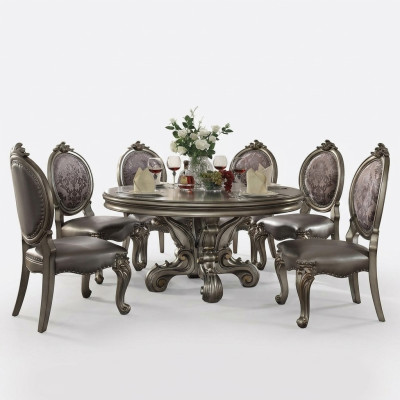 Design round table with 6 chairs, dining room seating, round upholstered table set.