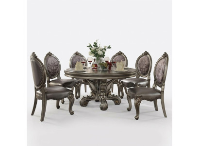 Design round table with 6 chairs, dining room seating, round upholstered table set.