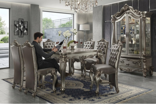 Classic Gray Dining Room Ambiance Designer Square Dining Table Leather Chesterfield Chairs 7-piece set