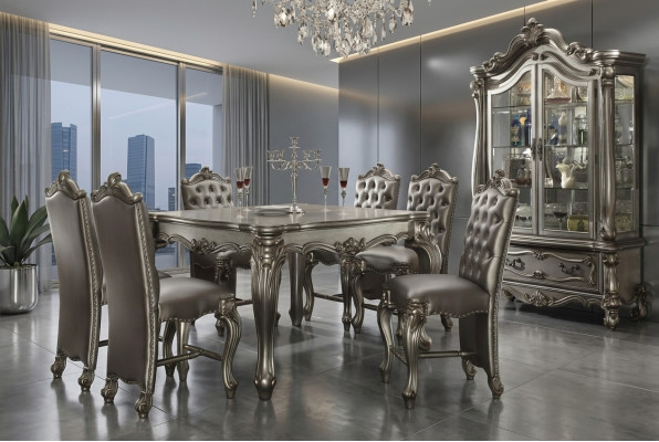 Classic Gray Dining Room Ambiance Designer Square Dining Table Leather Chesterfield Chairs 7-piece set