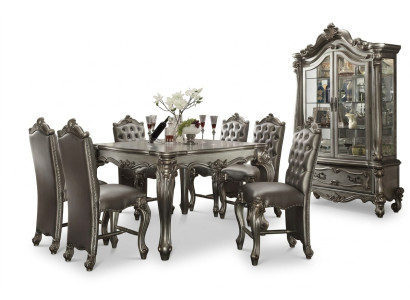 Classic Gray Dining Room Ambiance Designer Square Dining Table Leather Chesterfield Chairs 7-piece set