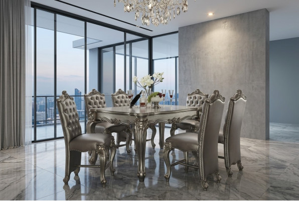 Gray classic rectangular dining table with 8x Chesterfield wood leather chairs