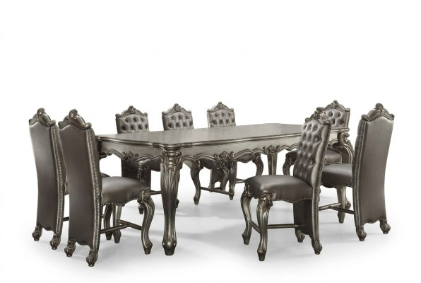 Gray classic rectangular dining table with 8x Chesterfield wood leather chairs