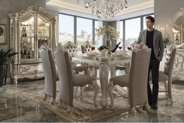 Gray dining room set display cabinet dining table ensemble 8x chairs table group 10-piece set