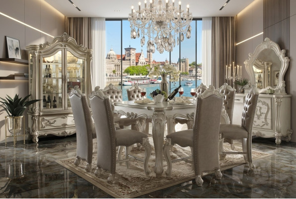 Gray dining room set display cabinet dining table ensemble 8x chairs table group 10-piece set