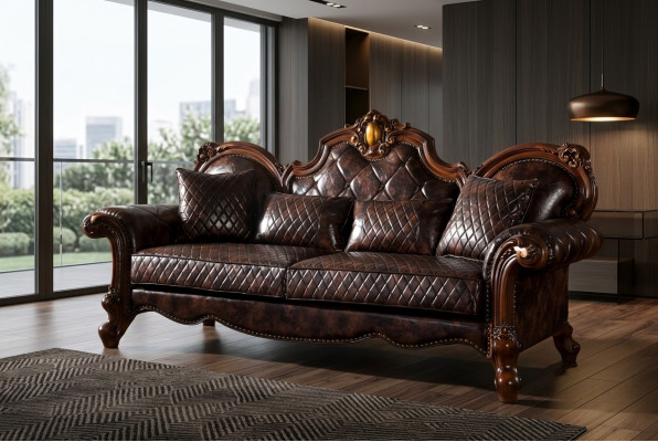 Carved Baroque Living Room Furniture Sofa Leather Couch Three-Seater Seat