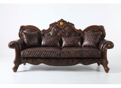 Carved Baroque Living Room Furniture Sofa Leather Couch Three-Seater Seat