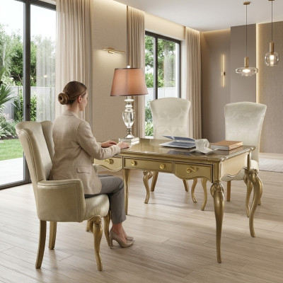 Office set, desk furniture, wood desk ensemble, armchair, baroque rococo, 2-piece.