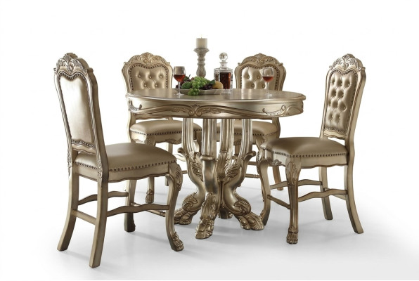 Classic Round Golden Dining Table Set Chesterfield Dining Room with 4 Chairs 5-Piece Suite
