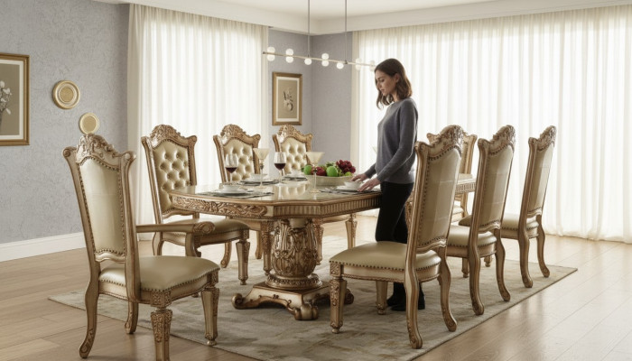 Complete beige dining room set luxurious dining table with leather chairs