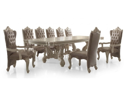 Classic dining room set in antique white. Large dining table with Chesterfield chairs.