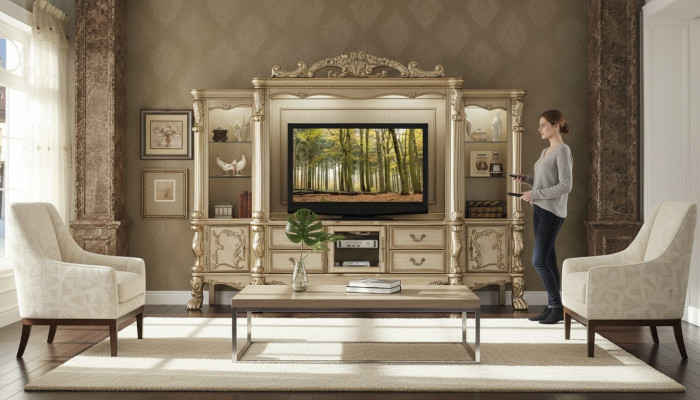 TV wall wood style baroque shelf living room furniture cabinet new classic