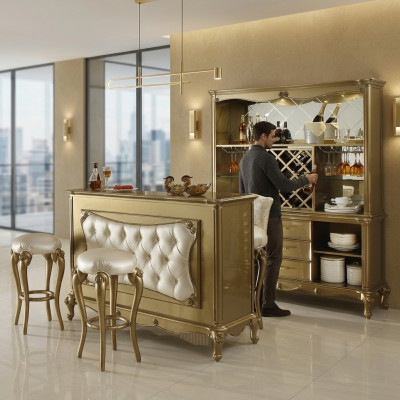 Modern bar furniture designer Chesterfield bar table with 2 bar stools complete 3-piece set.