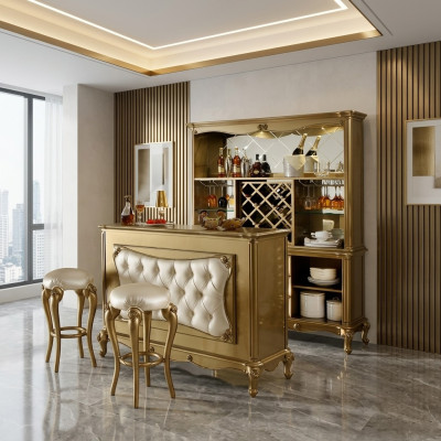 Modern bar furniture designer Chesterfield bar table with 2 bar stools complete 3-piece set.