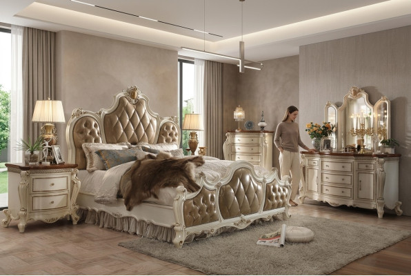 Bedroom set bedside tables bed 5-piece Rococo Baroque antique style wood bed