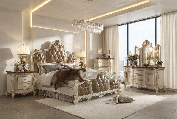 Bedroom set bedside tables bed 5-piece Rococo Baroque antique style wood bed