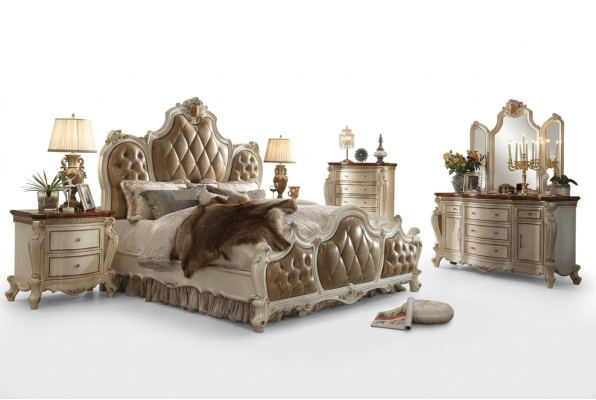Bedroom set bedside tables bed 5-piece Rococo Baroque antique style wood bed
