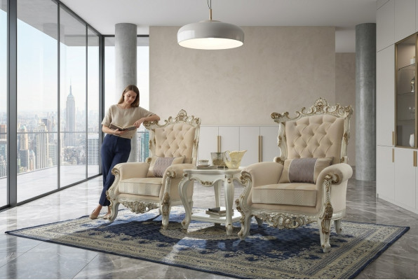 Throne Armchair Royal Upholstered 1 Seater Antique Style Chairs Beige Wood Baroque