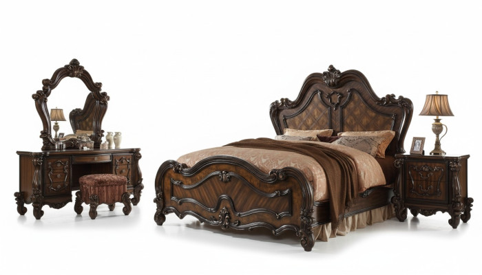 Bedroom Nightstand Set Bed 5-piece Rococo Baroque Antique Style Wood Bed
