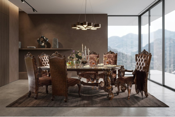 Brown Classic Wooden Dining Table + Chesterfield x6 Chairs Dining Set 7-piece Set