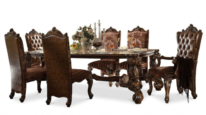 Brown Classic Wooden Dining Table + Chesterfield x6 Chairs Dining Set 7-piece Set