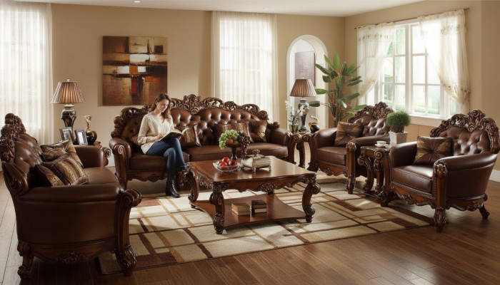 Complete set sofa suite 5-piece. Coffee table sofa couch wood living room set