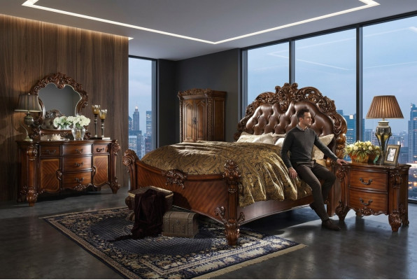 Classic bedroom set: bed, nightstand, dresser, mirror dresser.