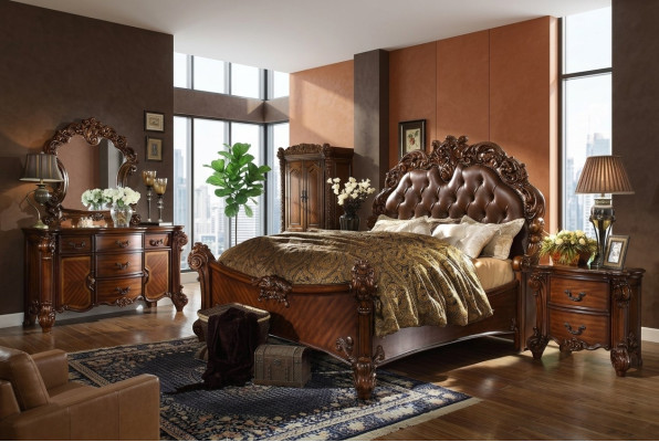 Classic bedroom set: bed, nightstand, dresser, mirror dresser.