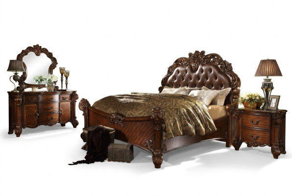 Classic bedroom set: bed, nightstand, dresser, mirror dresser.