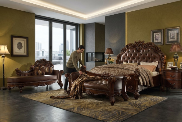 Bedroom leather bed nightstands 5-piece complete set beds wood