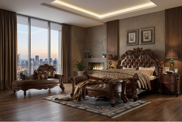 Bedroom leather bed nightstands 5-piece complete set beds wood