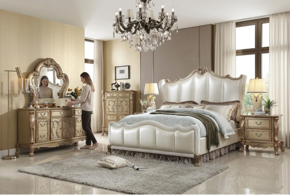 Royal bedroom set bed + 2 bedside tables leather beds double hotel new