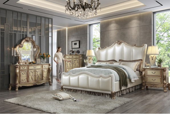 Bedroom nightstand set bed, 5-piece, Rococo baroque antique style bed, wood