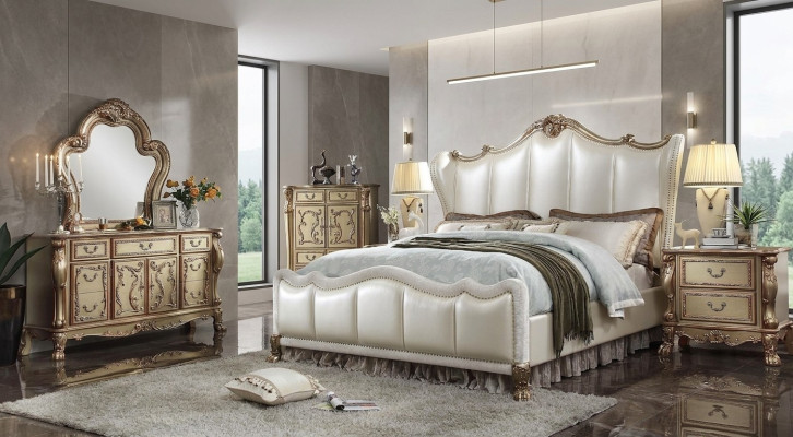 Bedroom nightstand set bed, 5-piece, Rococo baroque antique style bed, wood